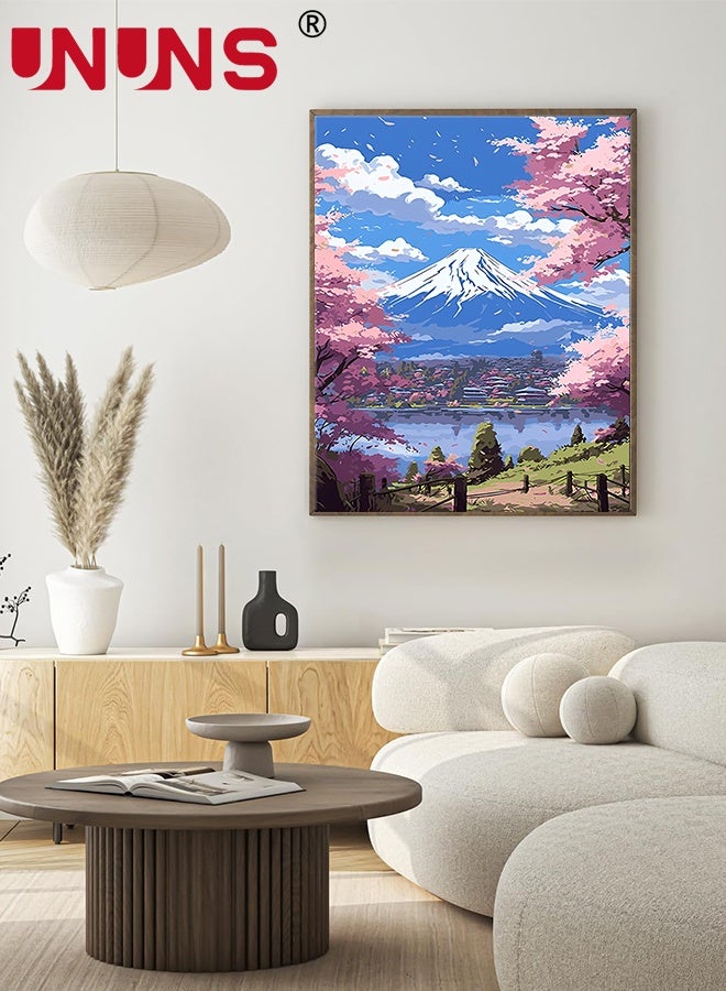 UNUNS طقم الرسم بالأرقام افعلها بنفسك، أزهار الكرز وجبل فوجي بأرقام على قماش مع إطار خشبي، طقم الرسم بالأرقام للفنانين افعلها بنفسك، زيت أكريليك لتزيين جدران المنزل (40*50 سم) - Image 4
